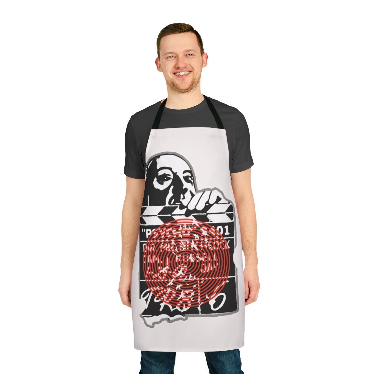 Stylish apron featuring iconic movie quotes and imagery from Alfred Hitchcock films