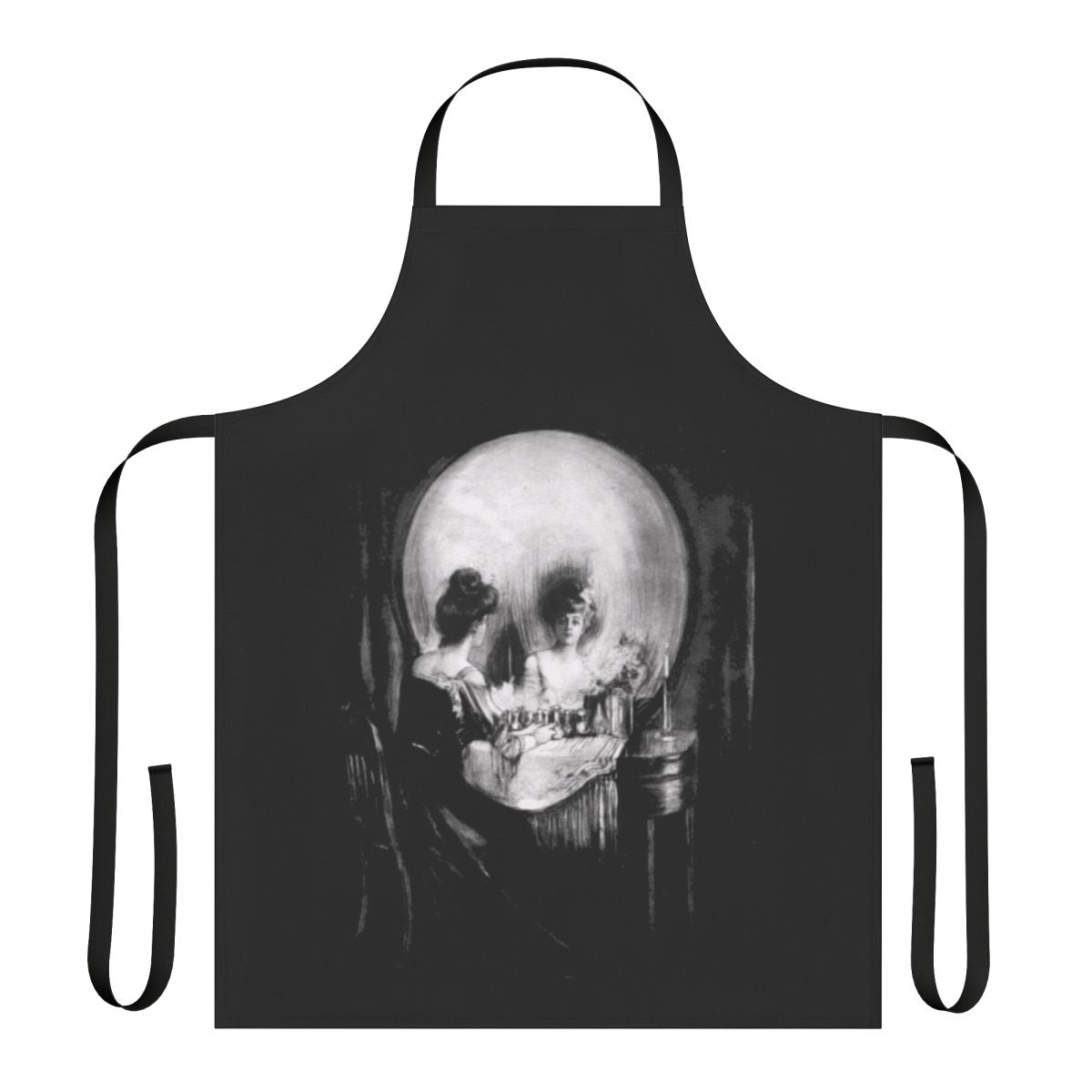 Elegant black and white apron featuring a gothic-inspired "All Is Vanity" design with a skull and mirror motif