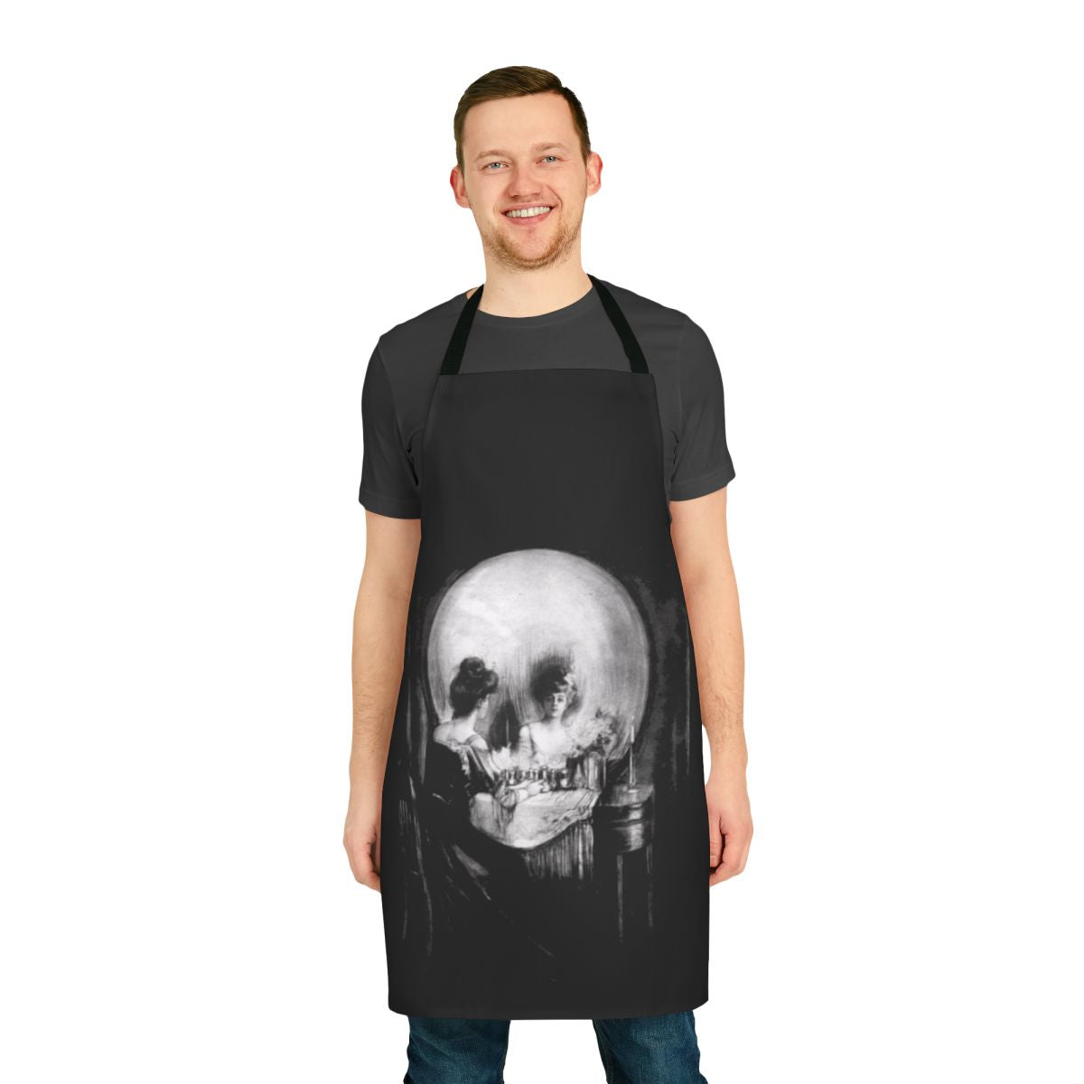Elegant black and white apron featuring a gothic-inspired "All Is Vanity" design with a skull and mirror motif