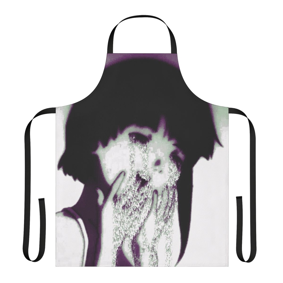 Artistic apron featuring a glitchy, pixel art design in a vaporwave style with anime-inspired imagery