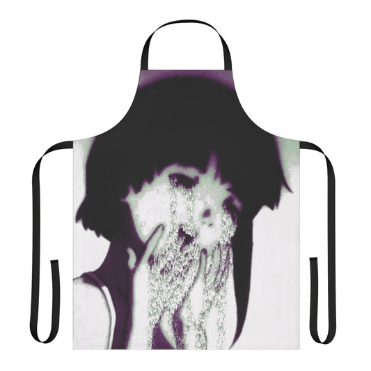 Artistic apron featuring a glitchy, pixel art design in a vaporwave style with anime-inspired imagery