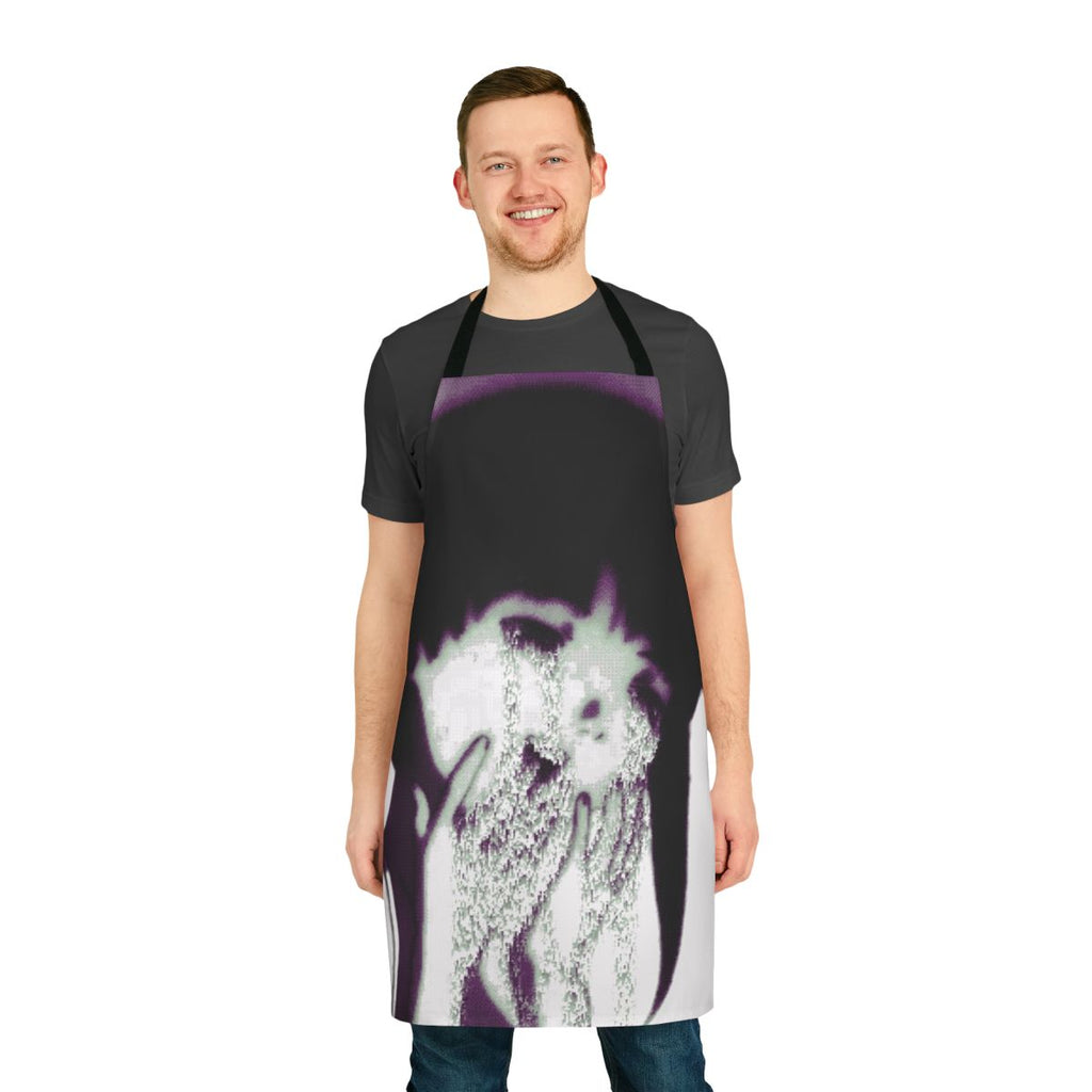 Artistic apron featuring a glitchy, pixel art design in a vaporwave style with anime-inspired imagery