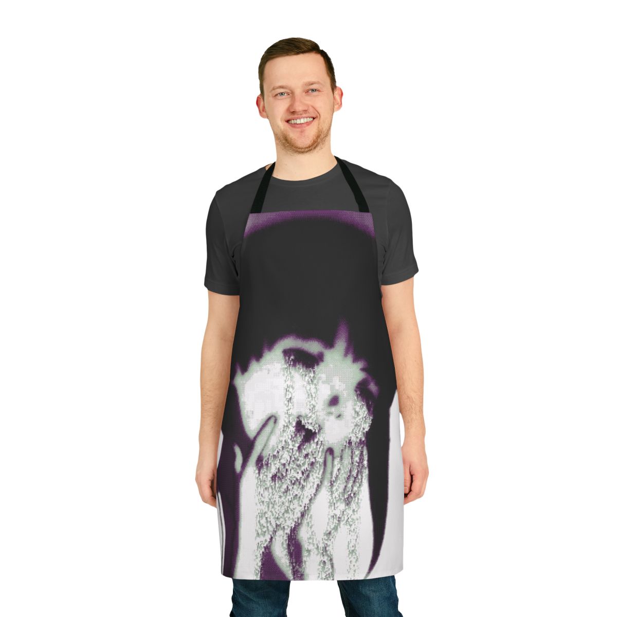 Artistic apron featuring a glitchy, pixel art design in a vaporwave style with anime-inspired imagery