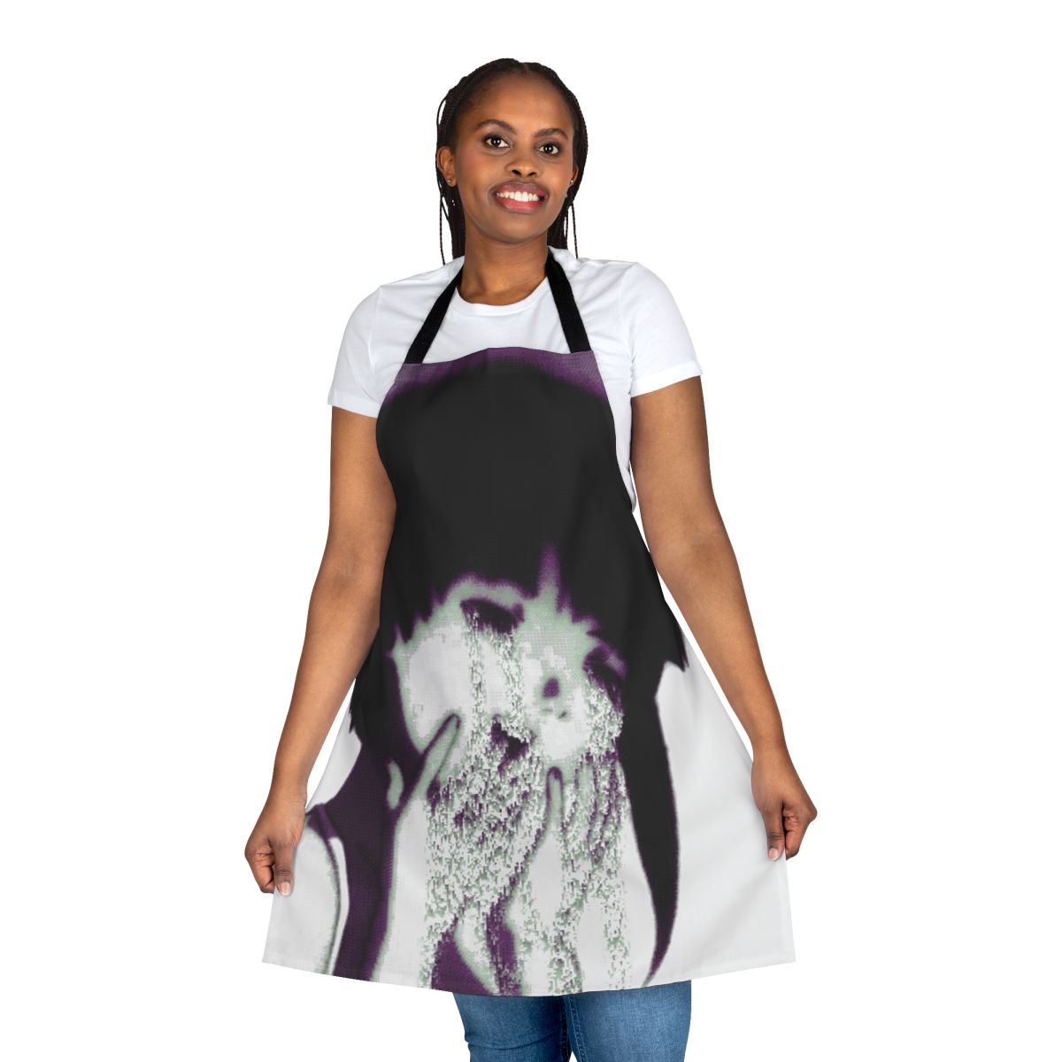 Artistic apron featuring a glitchy, pixel art design in a vaporwave style with anime-inspired imagery