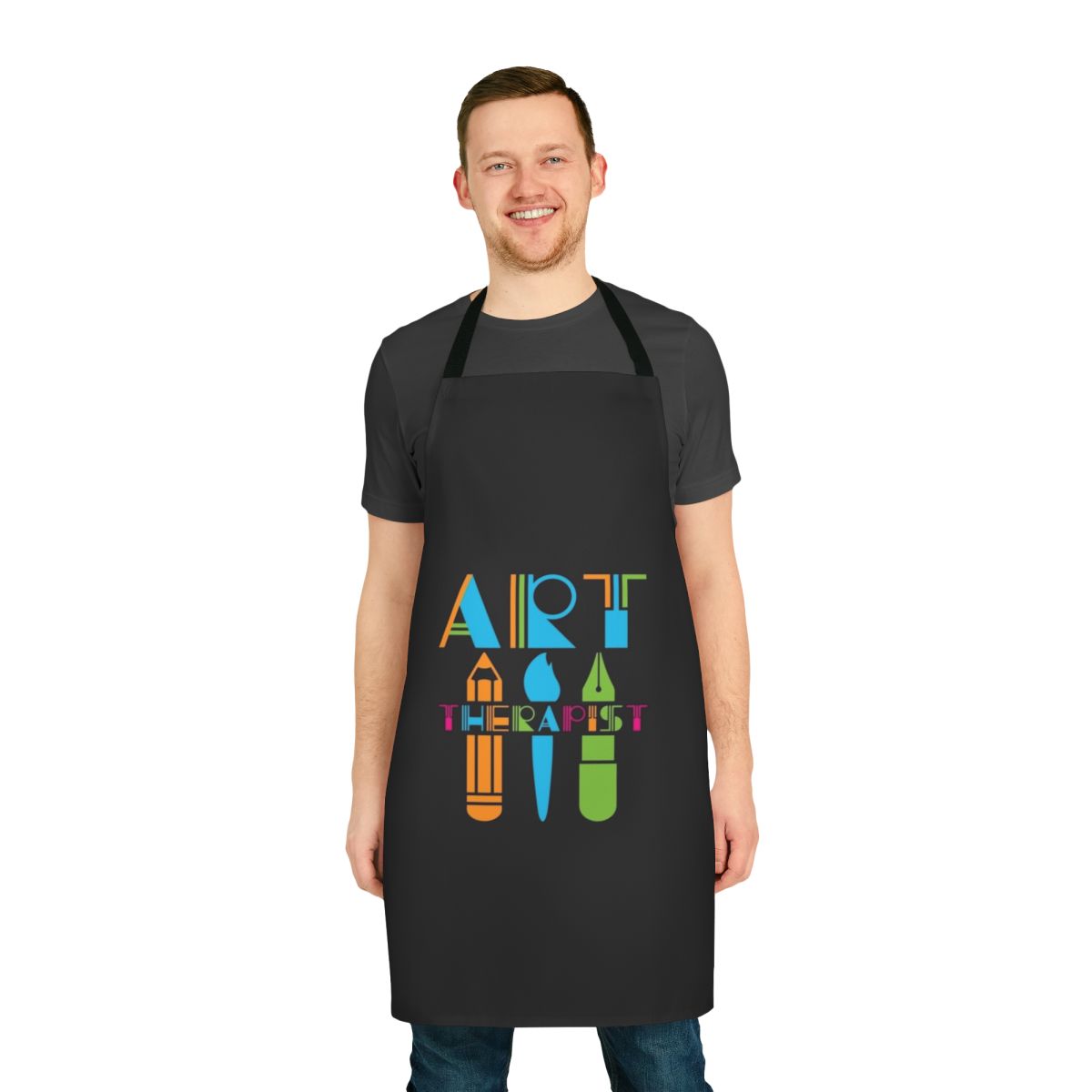 Art therapist wearing a professional apron for creative expression and healing