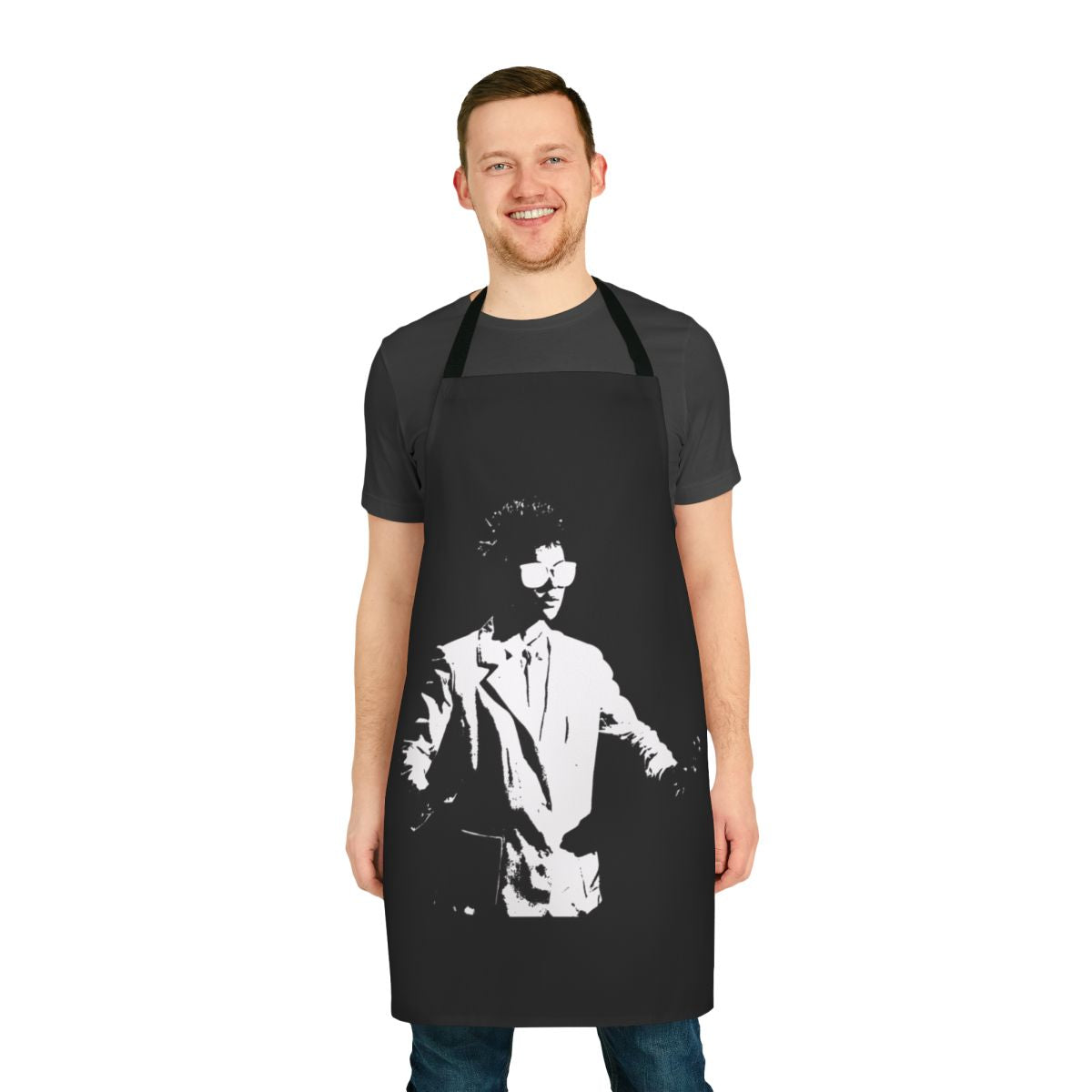 Artistic apron featuring a black and white duotone design inspired by Laurie Anderson's 'Big Science' album cover