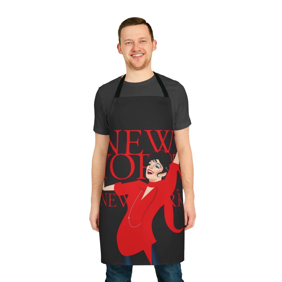 Apron featuring artwork by artist Alejandro Mogollo, depicting a New York City-inspired musical scene