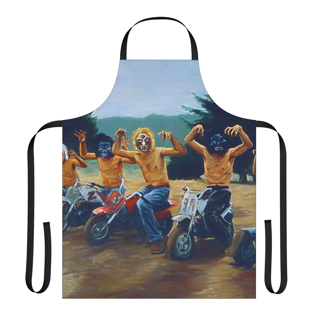 An apron featuring a painting-style design inspired by the iconic Wes Anderson film, The Royal Tenenbaums.