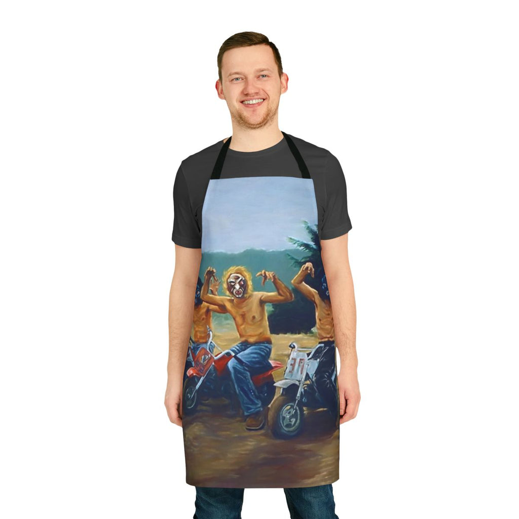An apron featuring a painting-style design inspired by the iconic Wes Anderson film, The Royal Tenenbaums.
