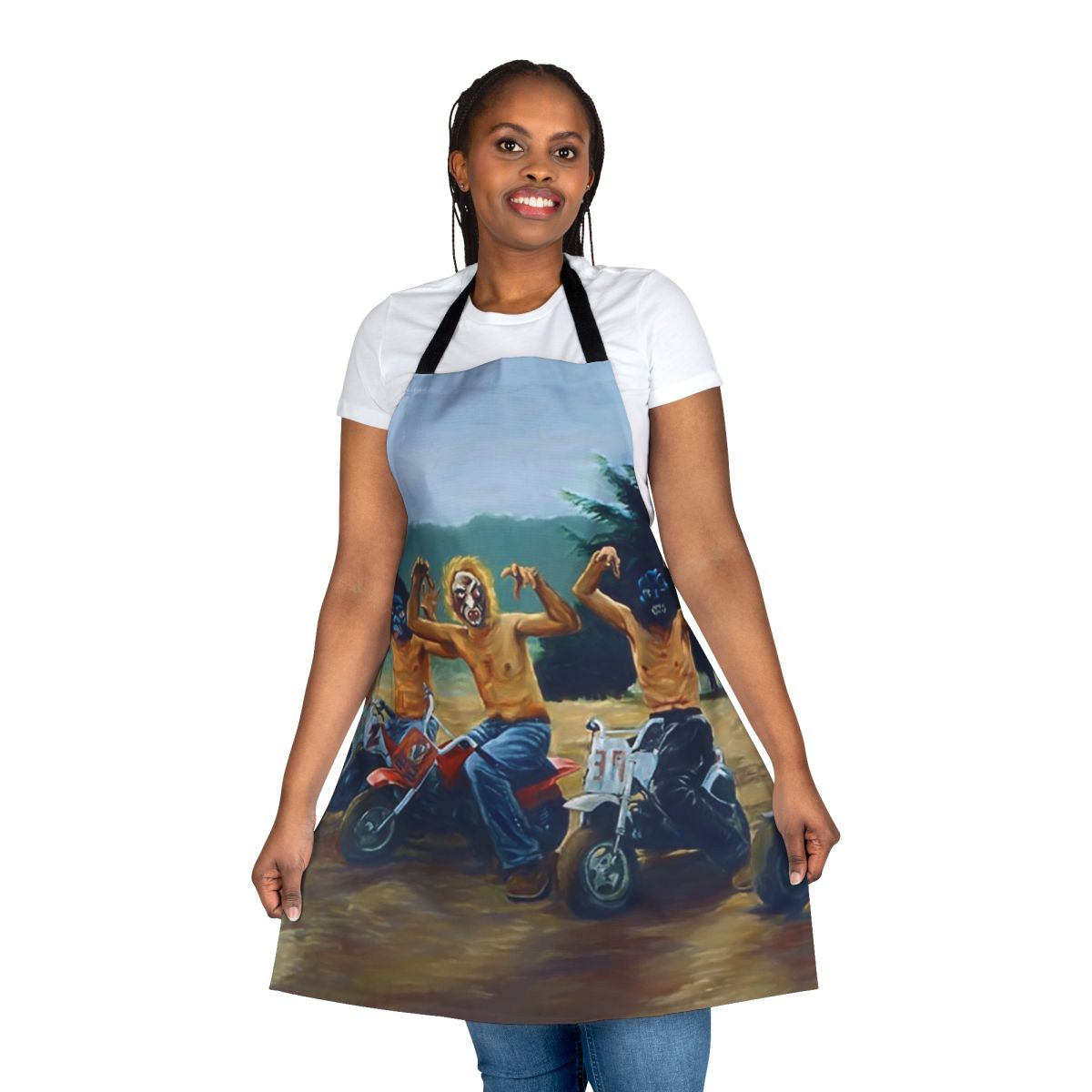 An apron featuring a painting-style design inspired by the iconic Wes Anderson film, The Royal Tenenbaums.