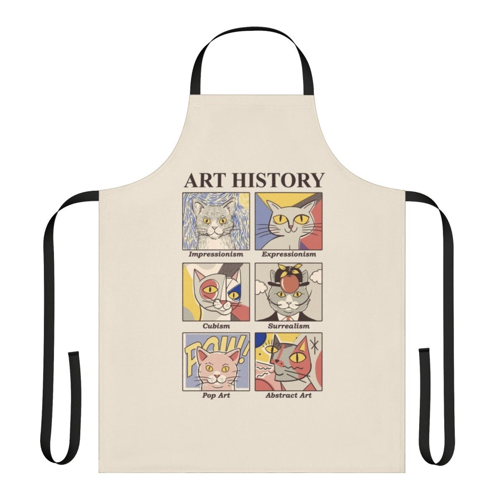 An apron featuring a stylized art history design, with elements of impressionism, expressionism, and abstract art.
