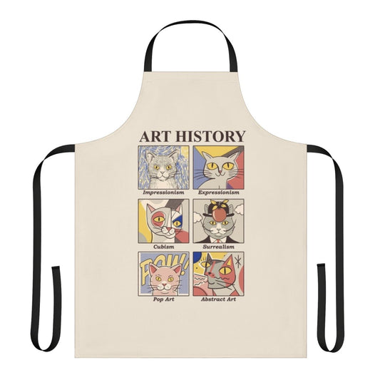 An apron featuring a stylized art history design, with elements of impressionism, expressionism, and abstract art.