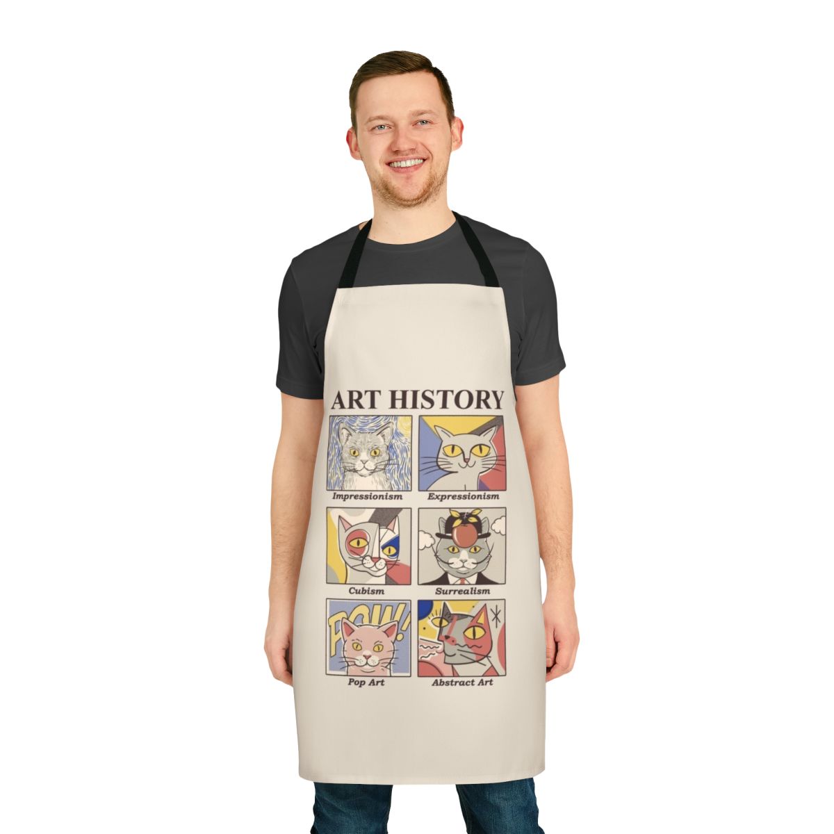 An apron featuring a stylized art history design, with elements of impressionism, expressionism, and abstract art.
