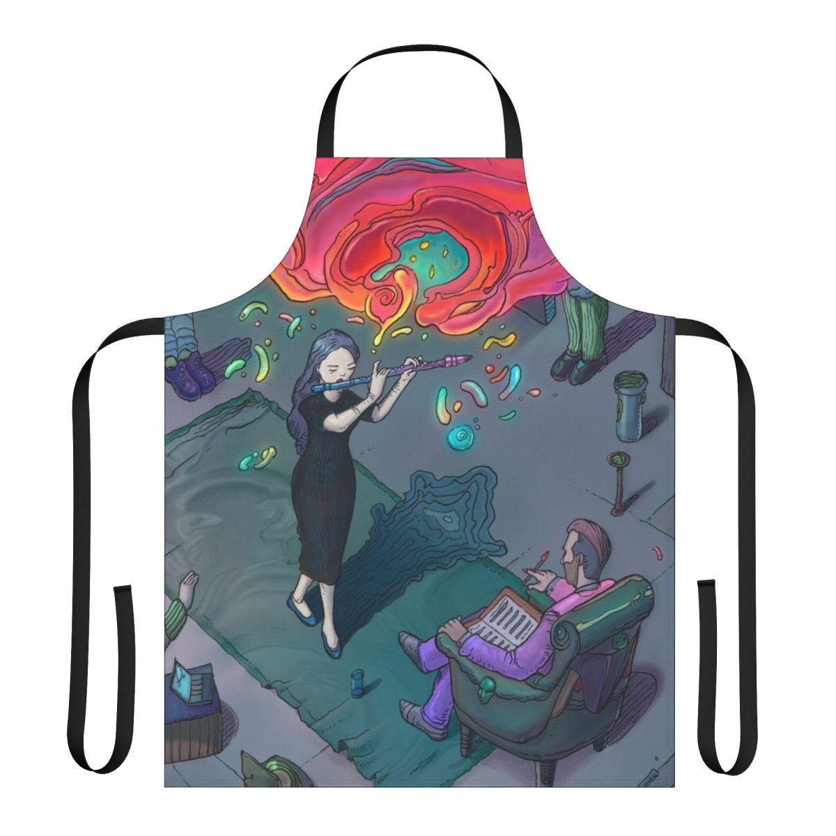 An apron featuring a moebius-inspired lineart design, ideal for musicians, artists, and performers.