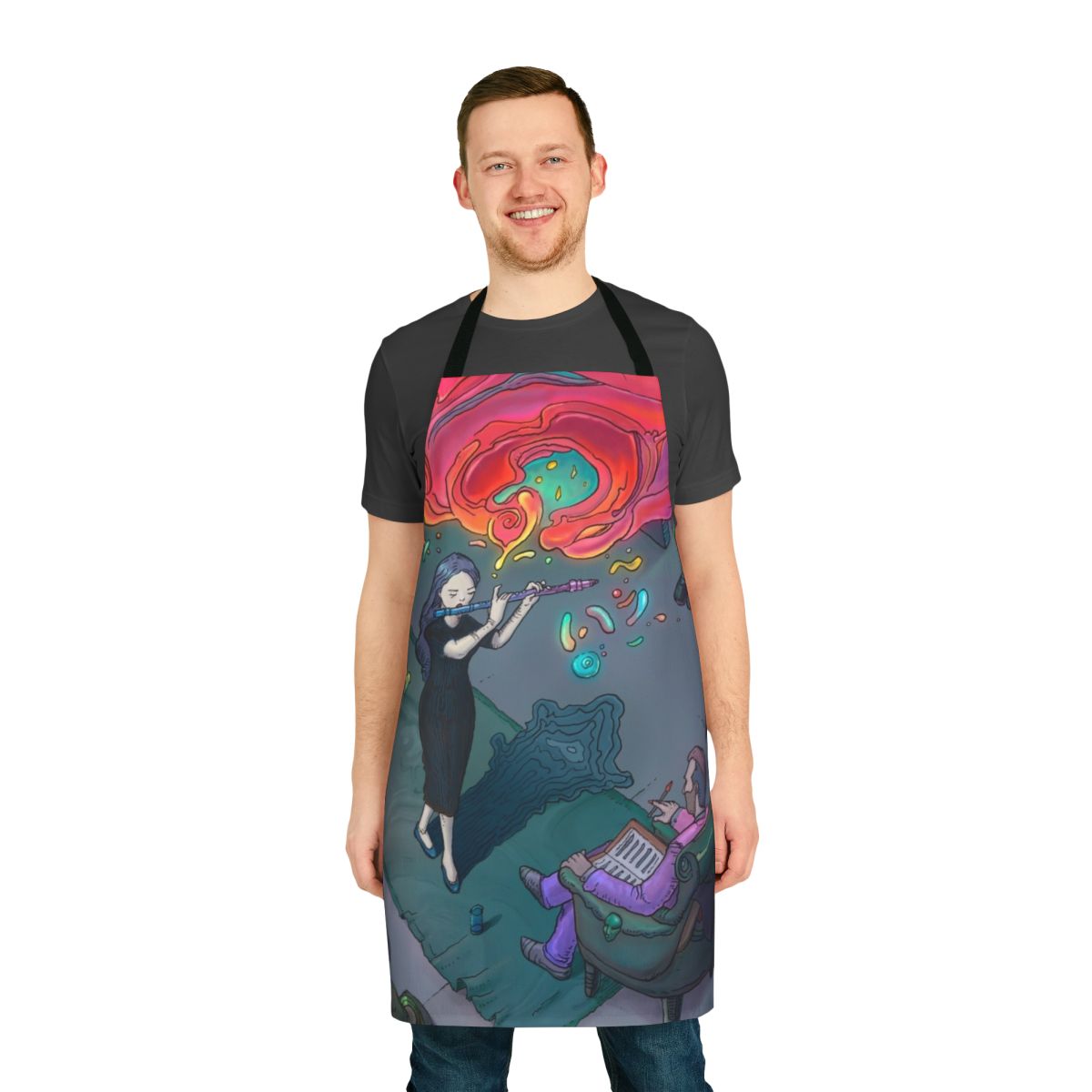 An apron featuring a moebius-inspired lineart design, ideal for musicians, artists, and performers.