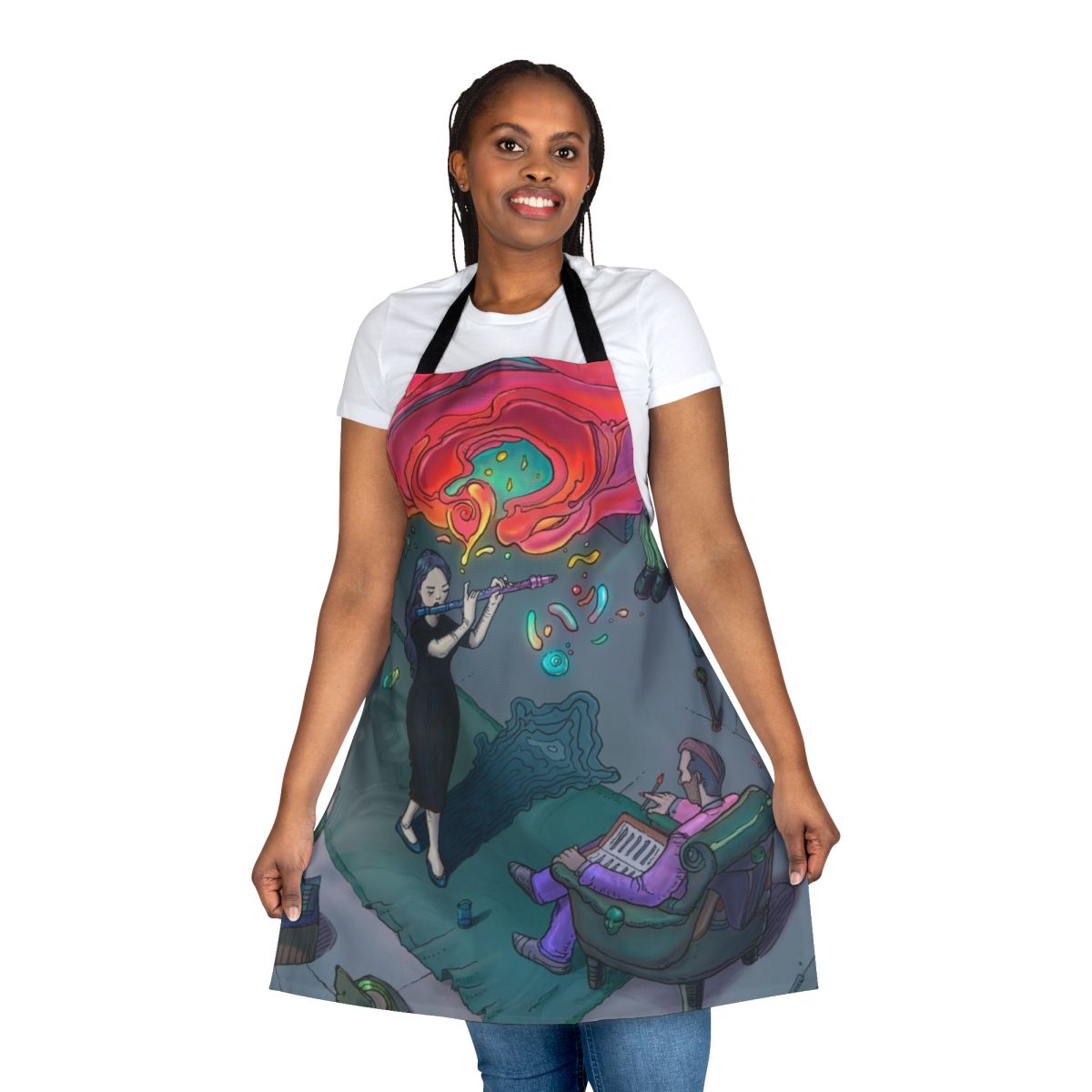 An apron featuring a moebius-inspired lineart design, ideal for musicians, artists, and performers.