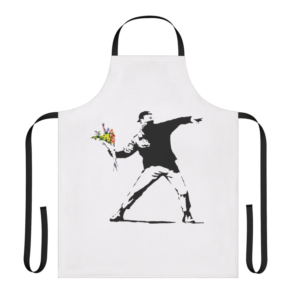 An artistic apron featuring a stylized man holding flowers, inspired by the iconic street art of Banksy.