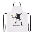 An artistic apron featuring a stylized man holding flowers, inspired by the iconic street art of Banksy.