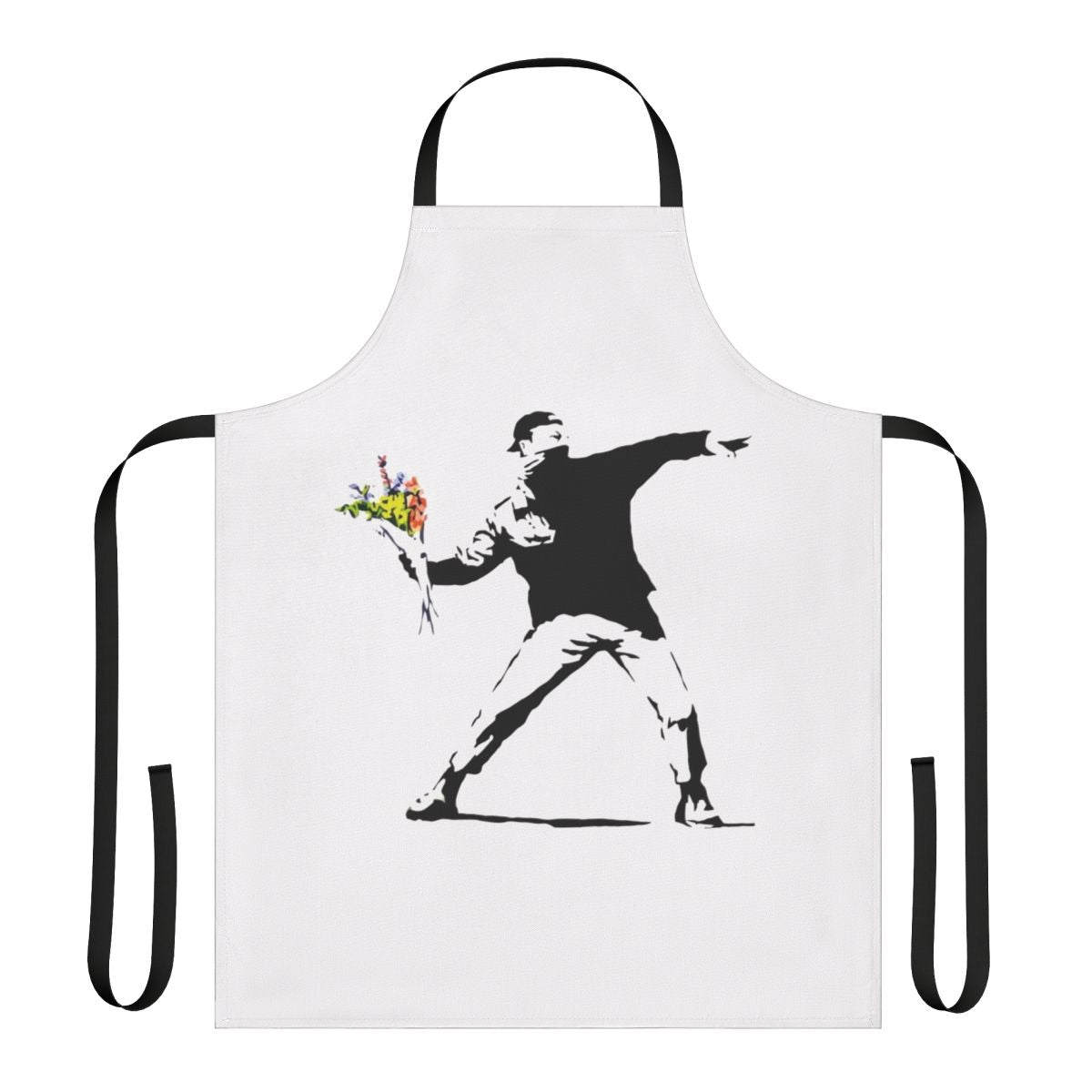 An artistic apron featuring a stylized man holding flowers, inspired by the iconic street art of Banksy.