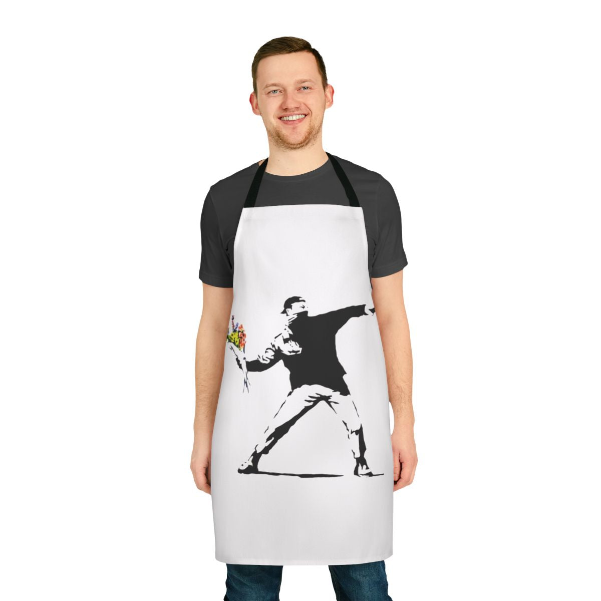 An artistic apron featuring a stylized man holding flowers, inspired by the iconic street art of Banksy.