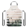 Artistic abstract and geometric design featuring birds watching over a misty forest landscape at sunset.