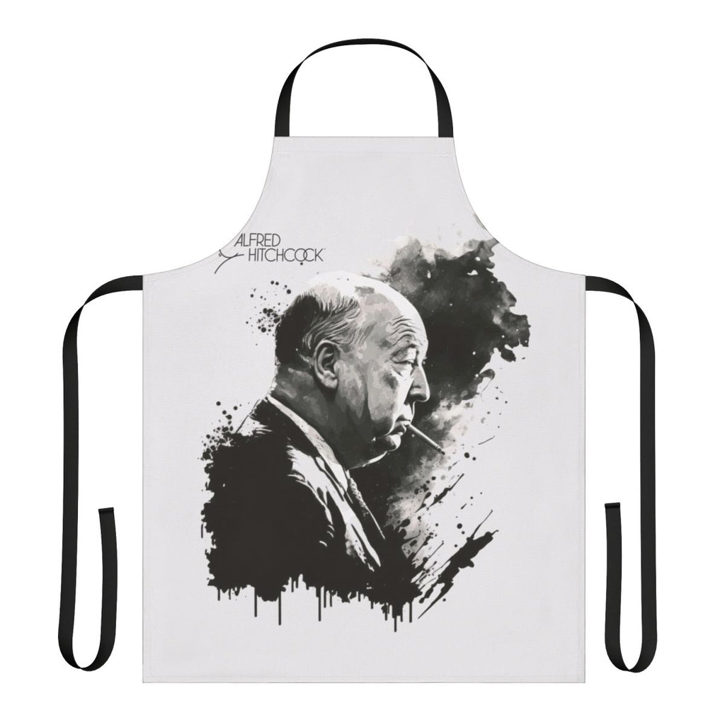 Apron featuring a black and white drawing of Alfred Hitchcock