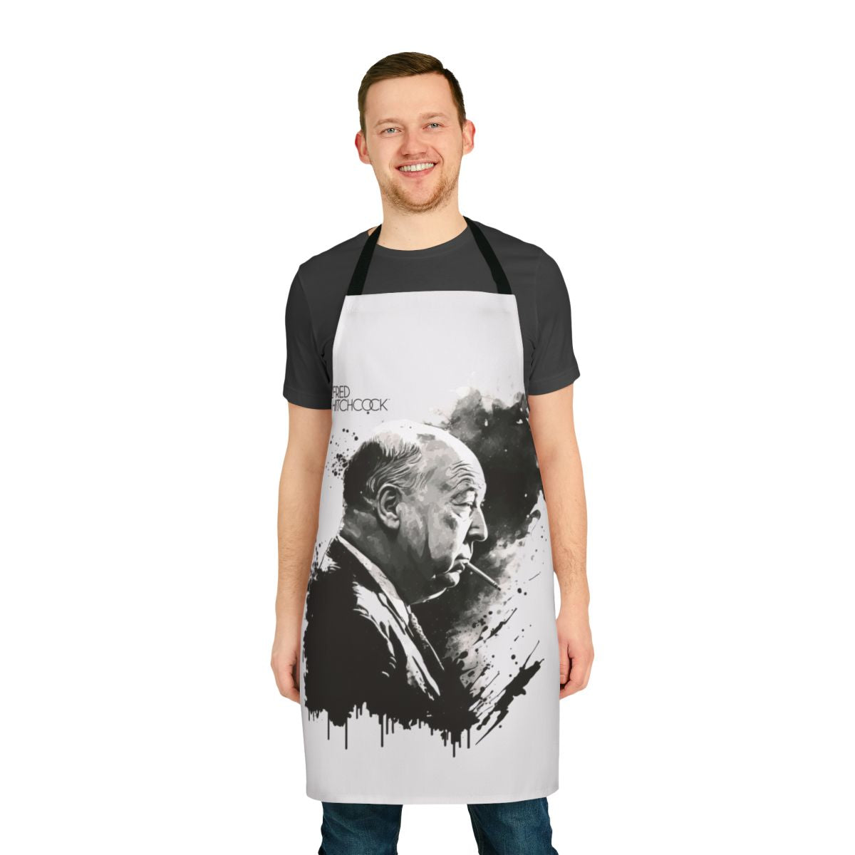Apron featuring a black and white drawing of Alfred Hitchcock