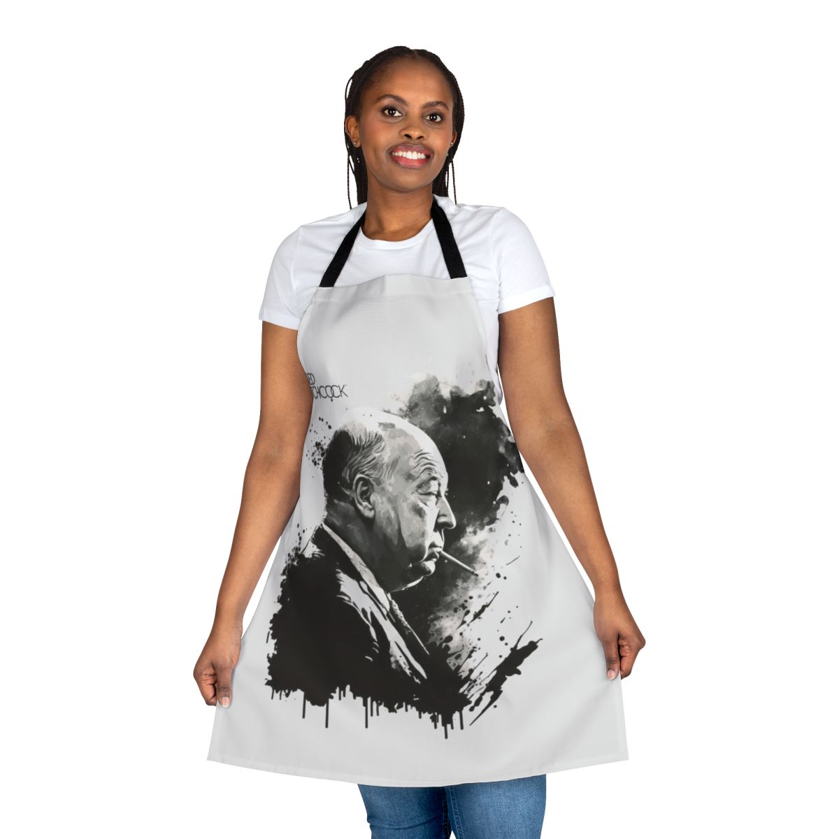 Apron featuring a black and white drawing of Alfred Hitchcock