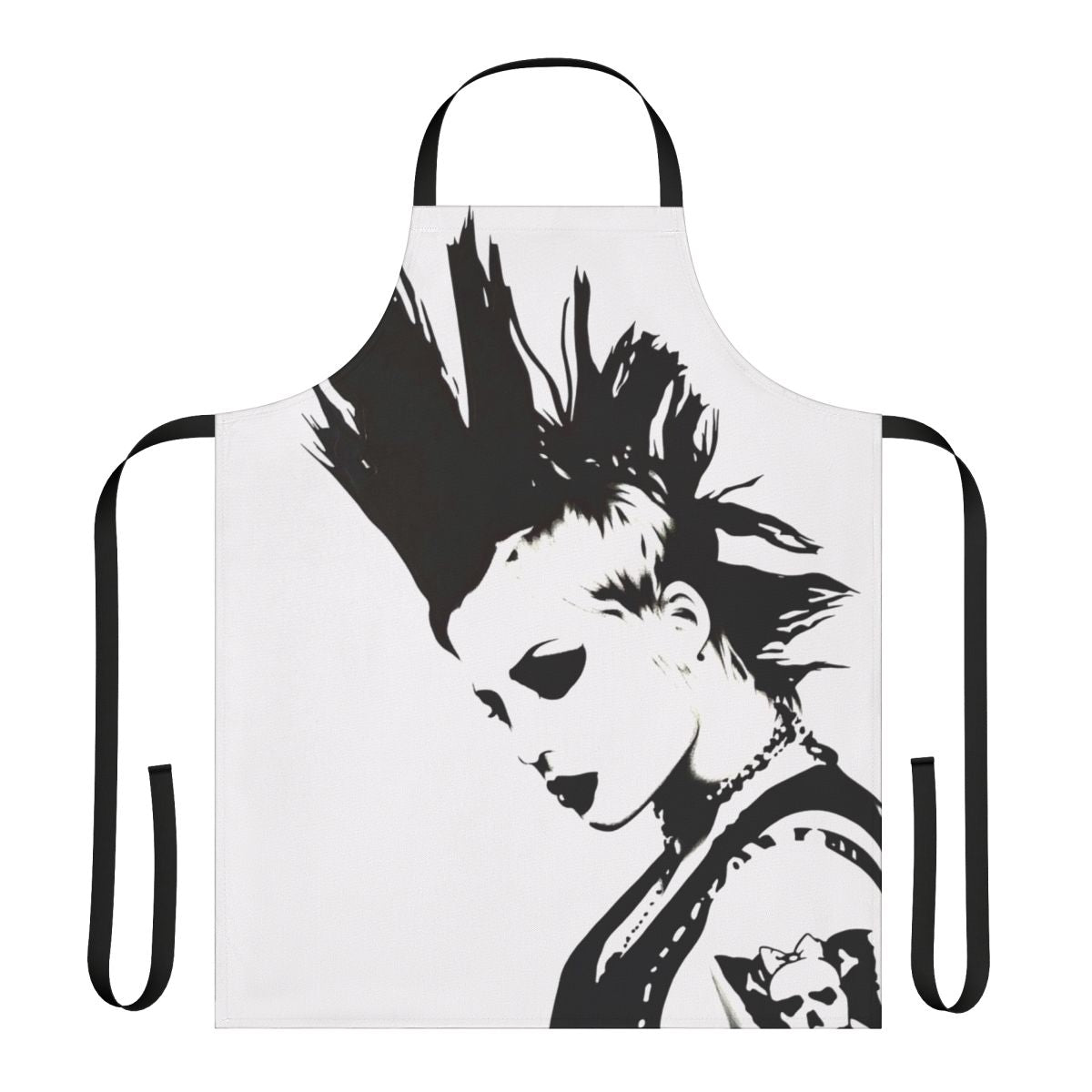 Brody Dalle inspired black and white apron design featuring a punk rock, metal, and grunge style portrait sketch.