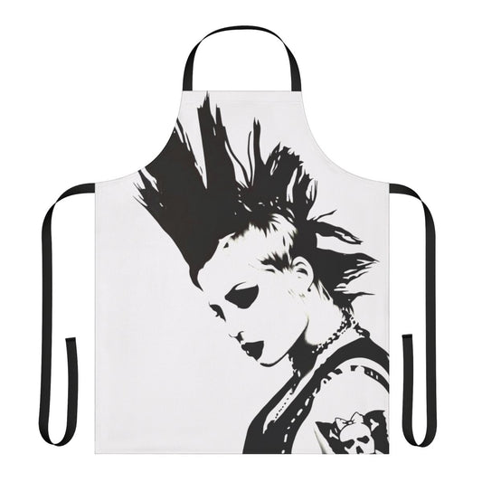 Brody Dalle inspired black and white apron design featuring a punk rock, metal, and grunge style portrait sketch.
