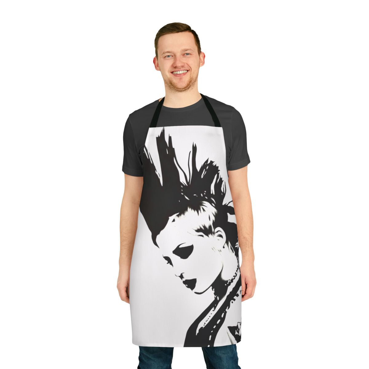 Brody Dalle inspired black and white apron design featuring a punk rock, metal, and grunge style portrait sketch.