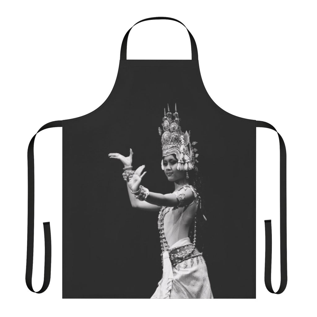 A beautifully detailed apron featuring a depiction of a Cambodian Aspara dancer in traditional Khmer costume with a gold headdress and ornate jewelry.