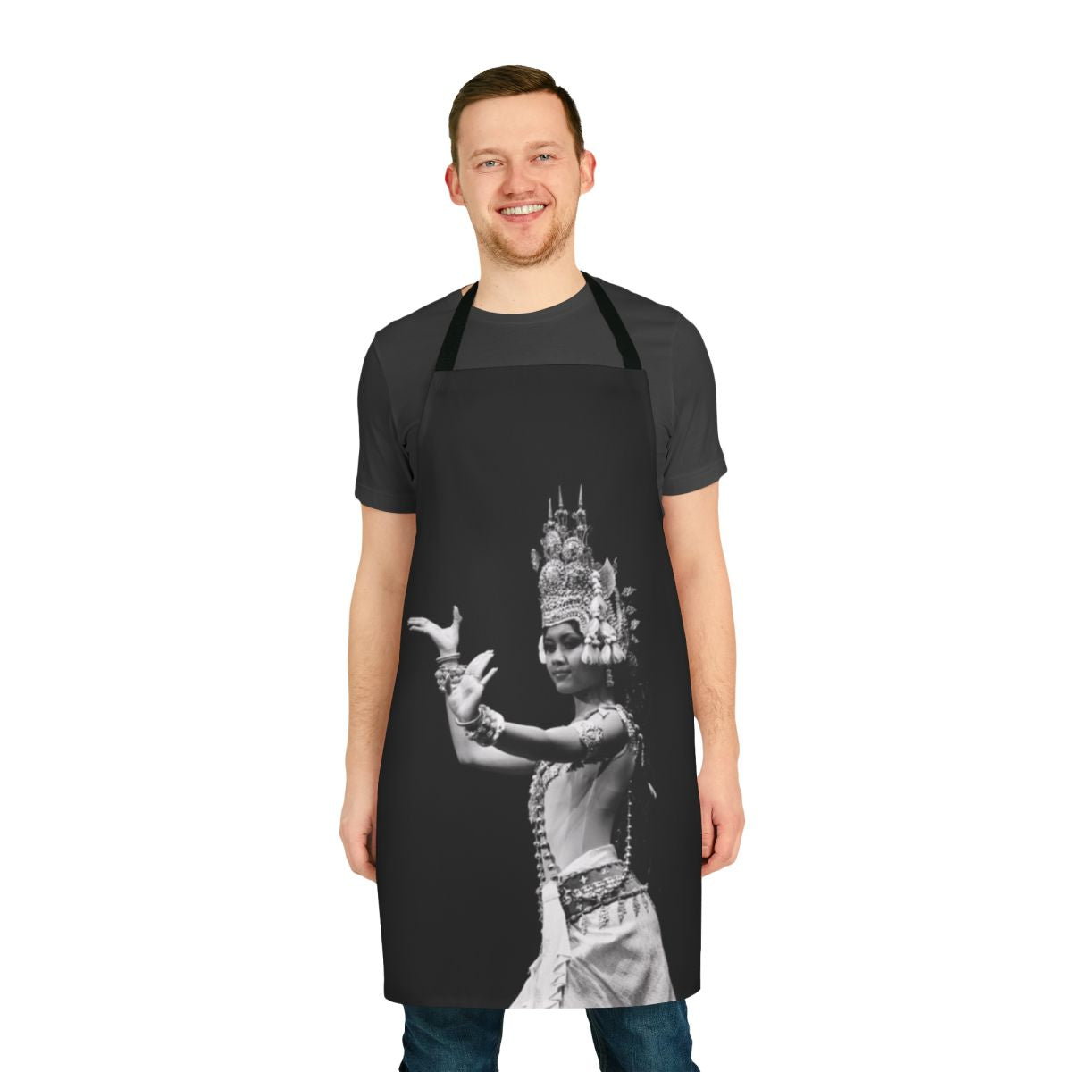 A beautifully detailed apron featuring a depiction of a Cambodian Aspara dancer in traditional Khmer costume with a gold headdress and ornate jewelry.