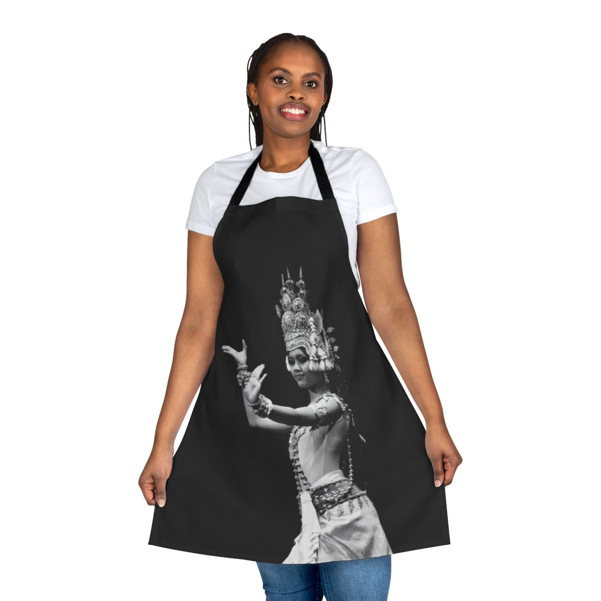 A beautifully detailed apron featuring a depiction of a Cambodian Aspara dancer in traditional Khmer costume with a gold headdress and ornate jewelry.