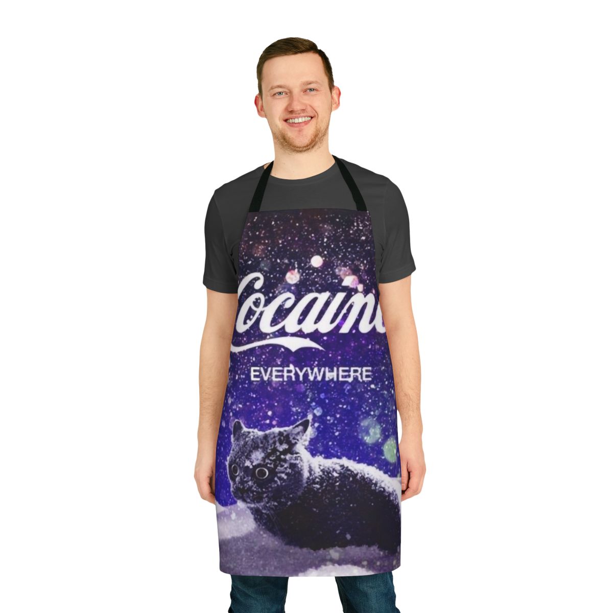 Vibrant and artistic apron featuring a cat design with playful and whimsical elements