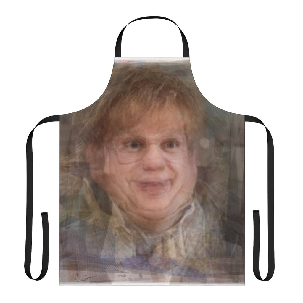 Unique artistic portrait of comedian Chris Farley featured on a high-quality apron.