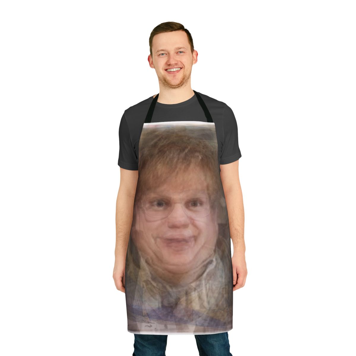 Unique artistic portrait of comedian Chris Farley featured on a high-quality apron.