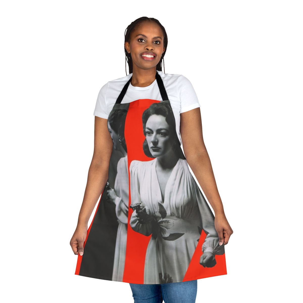 Artistic collage-style apron featuring imagery from the film Mildred Pierce, starring actress Joan Crawford.