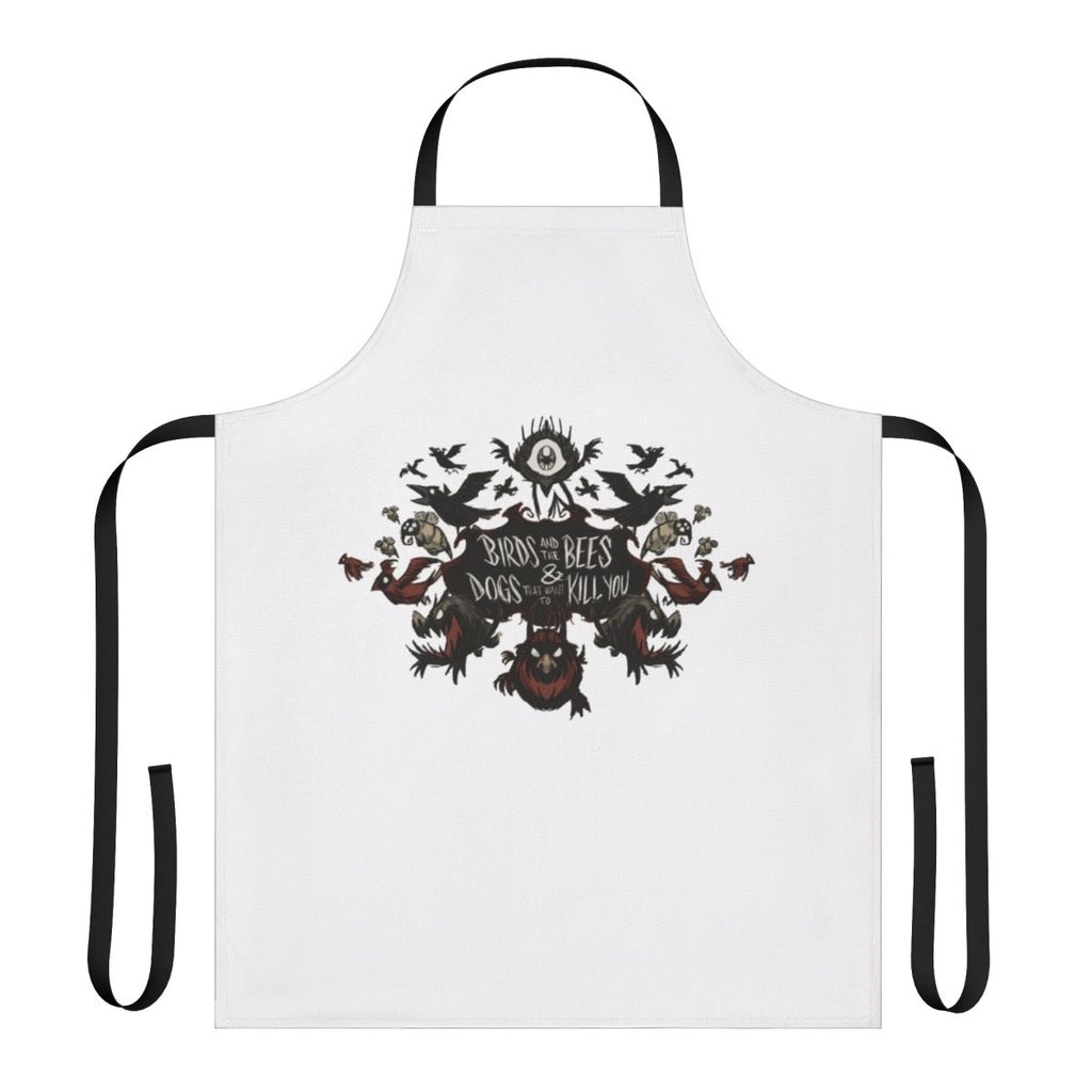 Artistic apron featuring a "Don't Starve" themed design with bees, birds, and a spooky sketch-like illustration.