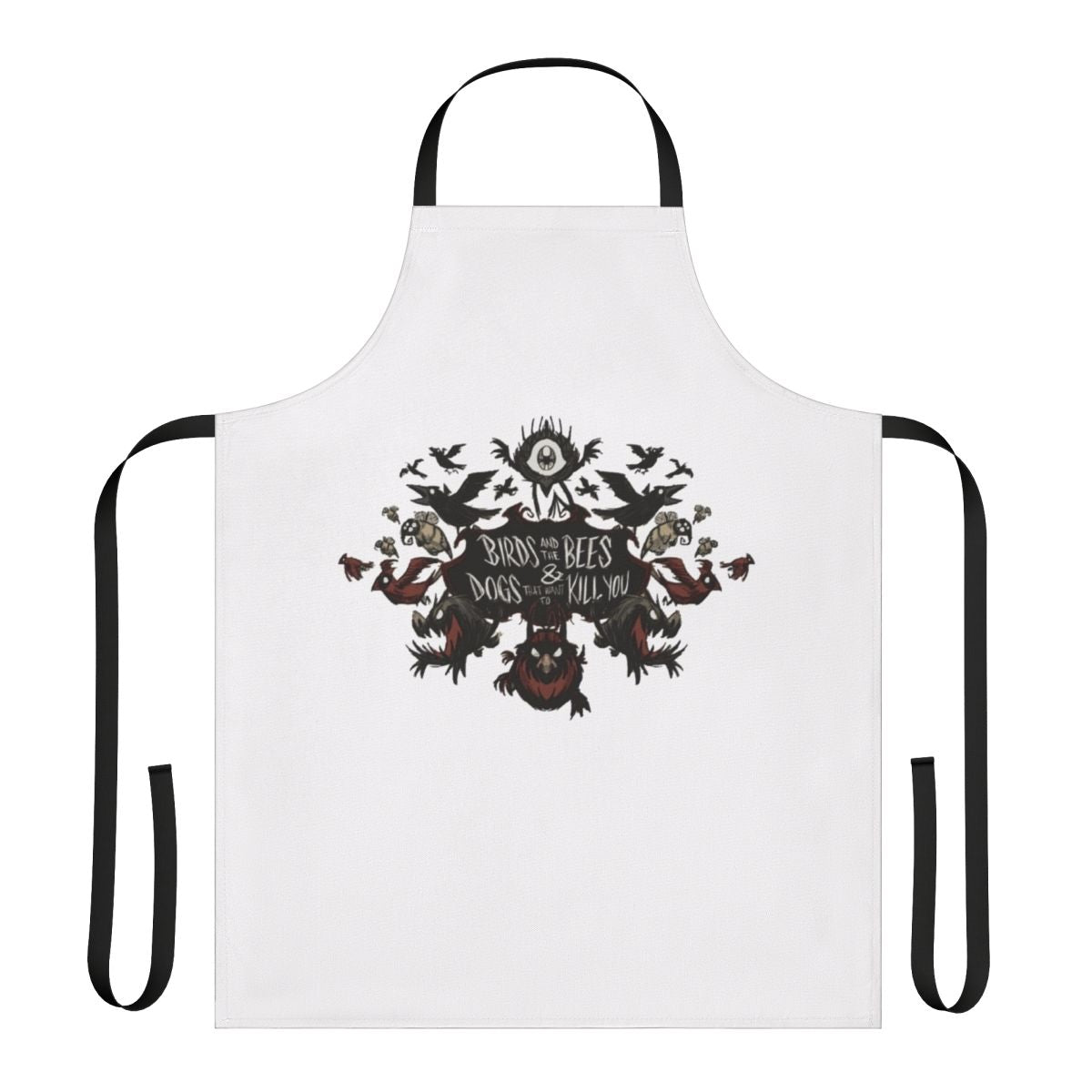 Artistic apron featuring a "Don't Starve" themed design with bees, birds, and a spooky sketch-like illustration.