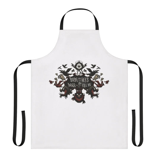 Artistic apron featuring a "Don't Starve" themed design with bees, birds, and a spooky sketch-like illustration.