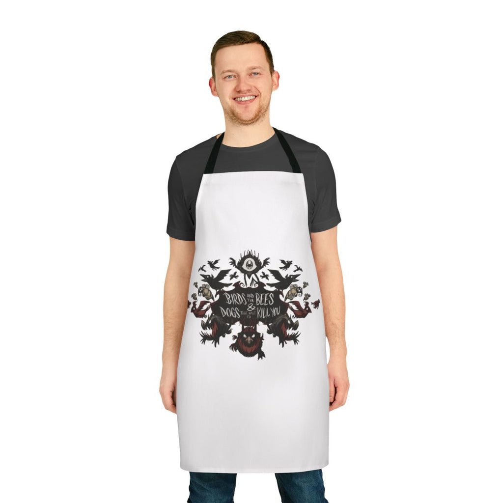 Artistic apron featuring a "Don't Starve" themed design with bees, birds, and a spooky sketch-like illustration.