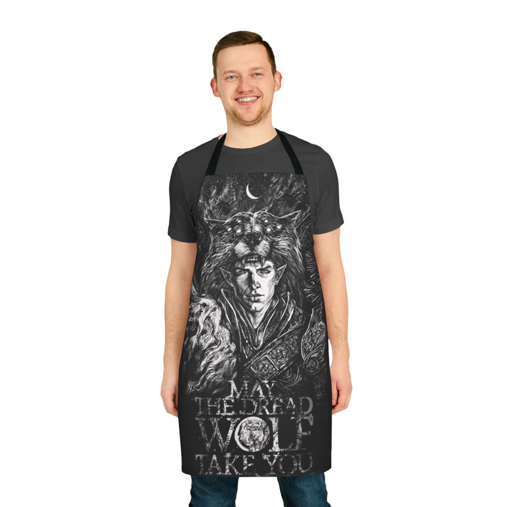 Handcrafted dragon age inspired apron featuring a stylized ink art design of the character Solas