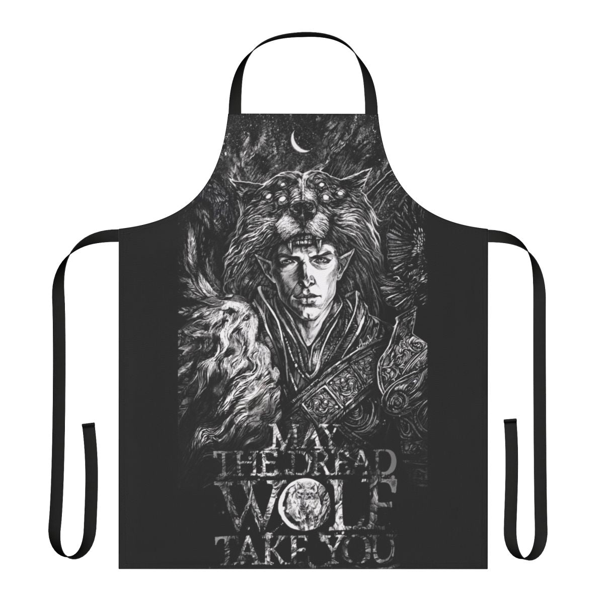 Handcrafted dragon age inspired apron featuring a stylized ink art design of the character Solas
