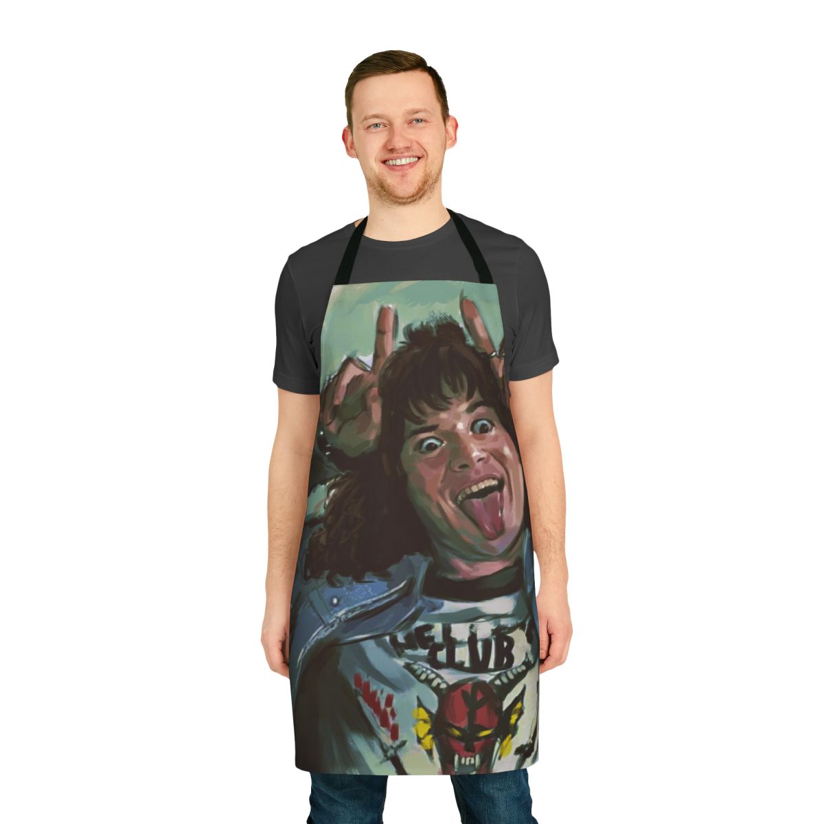 Artistic Eddie Munson apron featuring a portrait of the Stranger Things character