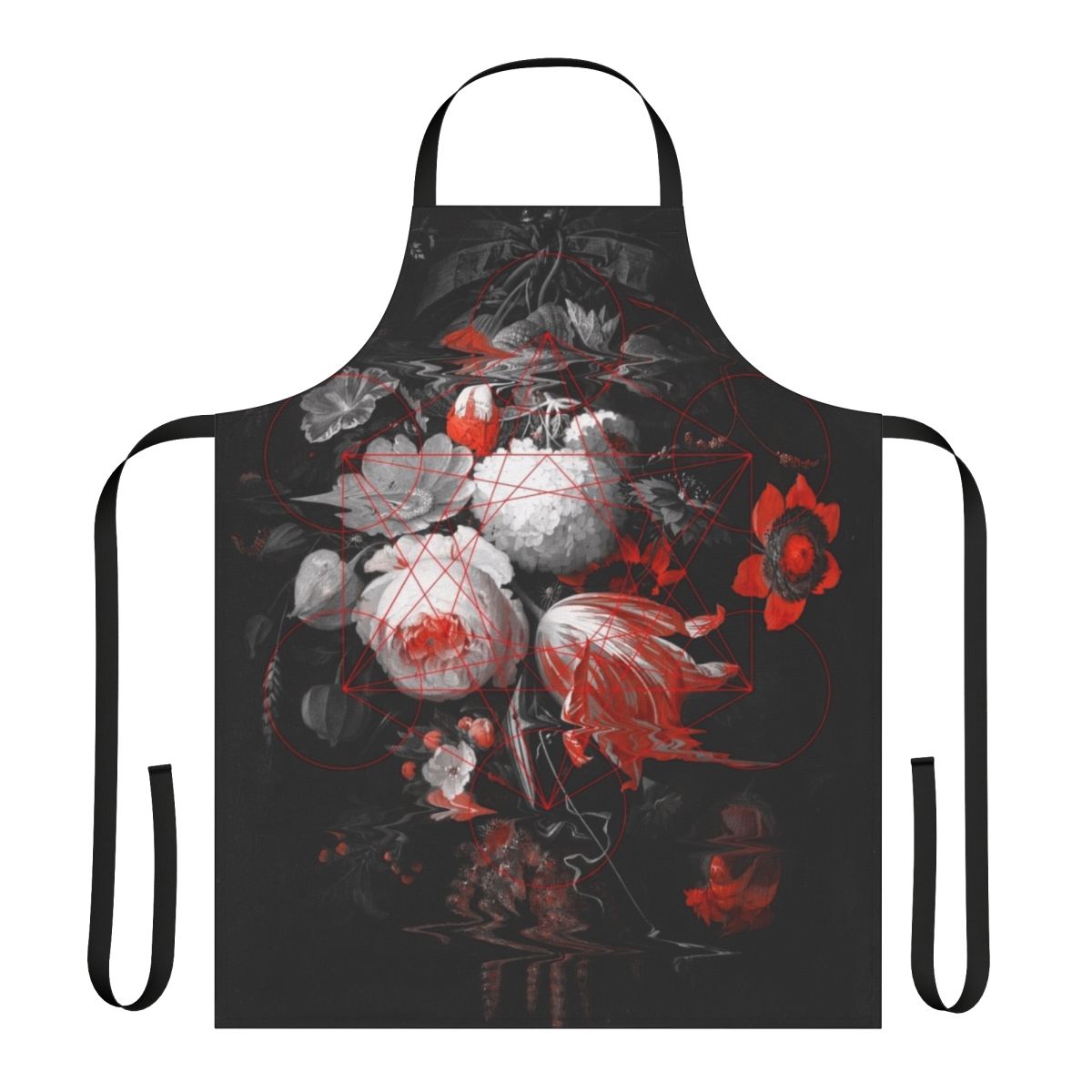 Apron featuring a bouquet of sacred geometry-inspired flowers in red, white, and black