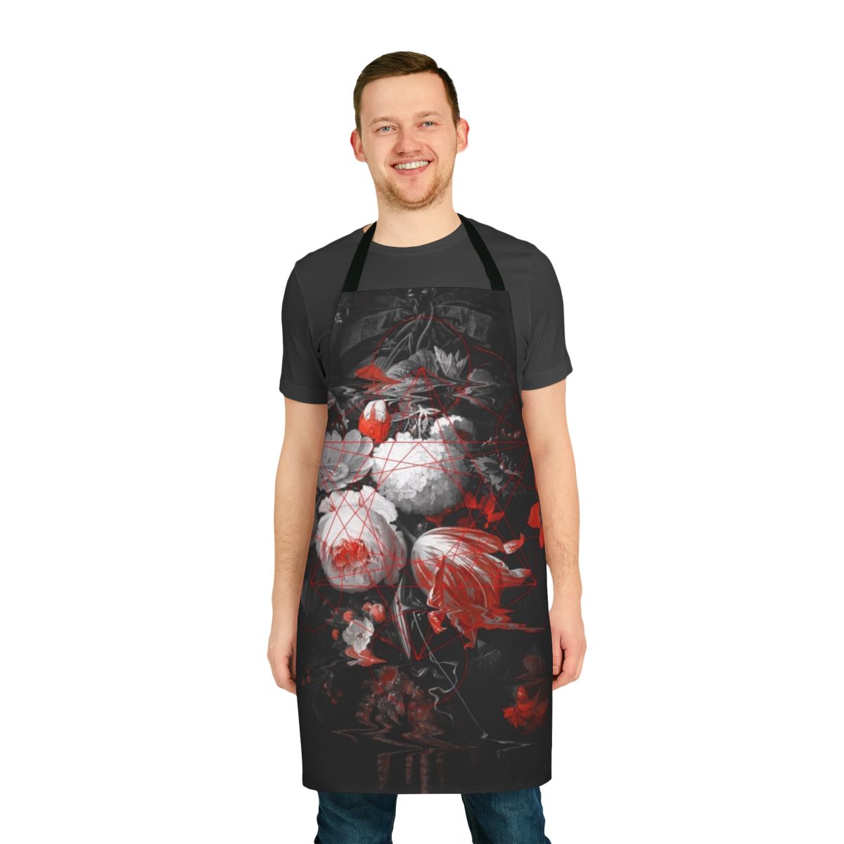 Apron featuring a bouquet of sacred geometry-inspired flowers in red, white, and black