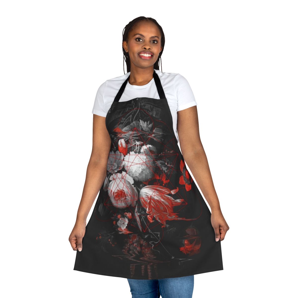 Apron featuring a bouquet of sacred geometry-inspired flowers in red, white, and black