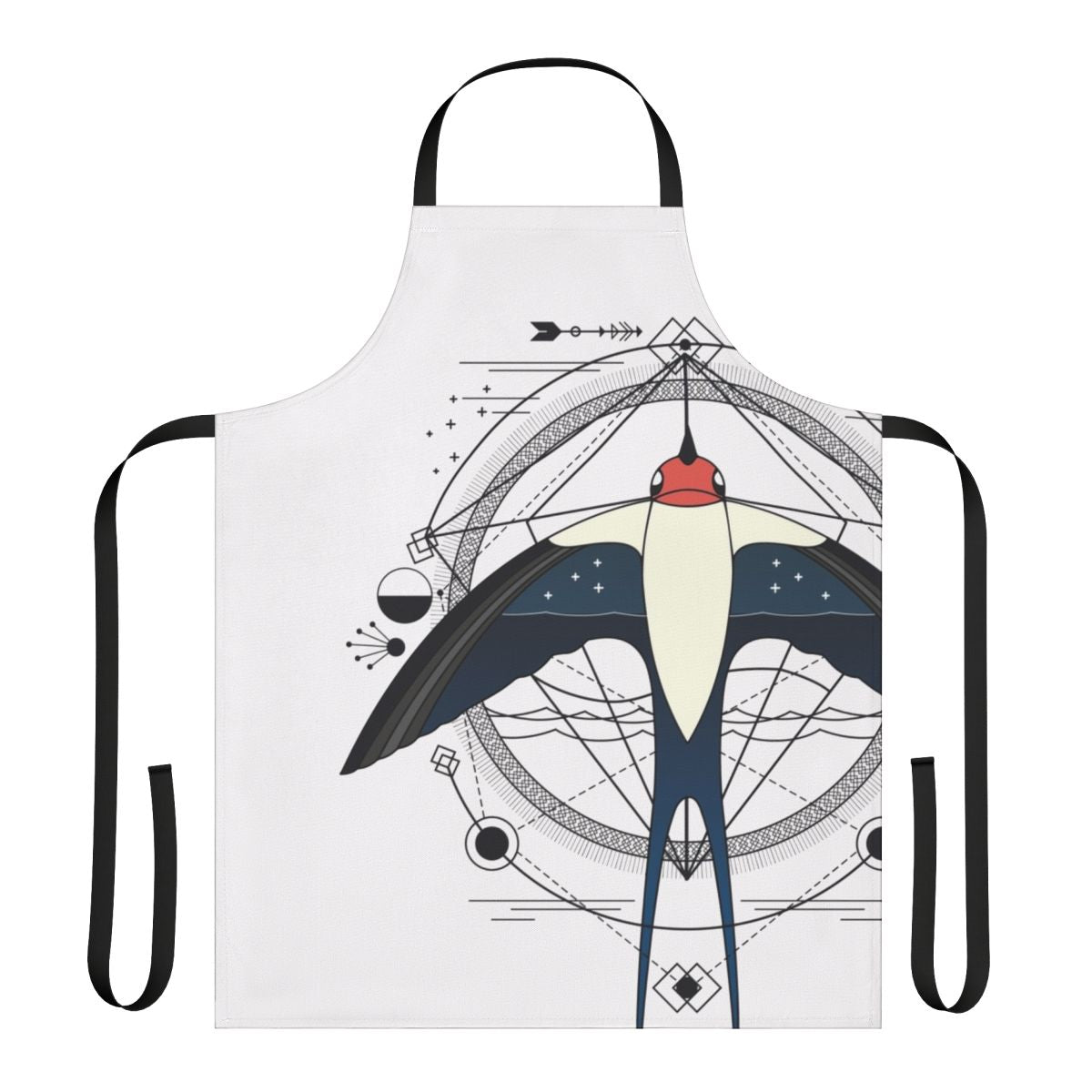 Artistic geometric swallow design on a high-quality cotton apron, perfect for the modern, creative bird lover.