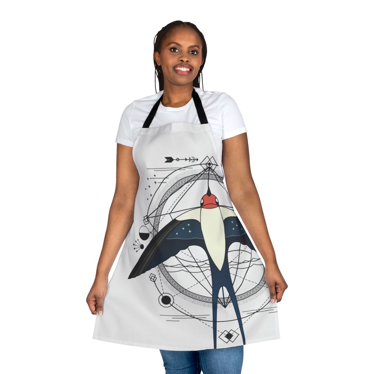 Artistic geometric swallow design on a high-quality cotton apron, perfect for the modern, creative bird lover.
